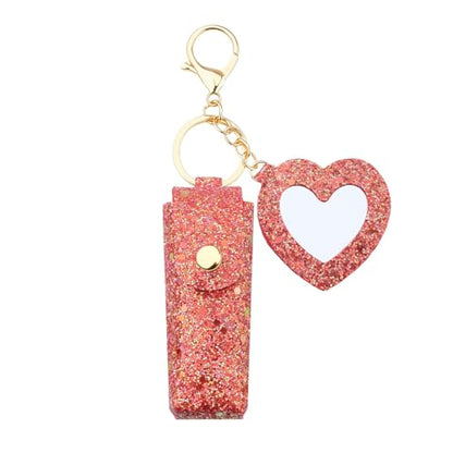 Sisadodo Glitter Lip Oil Holder Key Chains for Woman Lipstick Case with Mirror Lip Balm Keychain for Lipstick Case Keychain - color: Red-heart