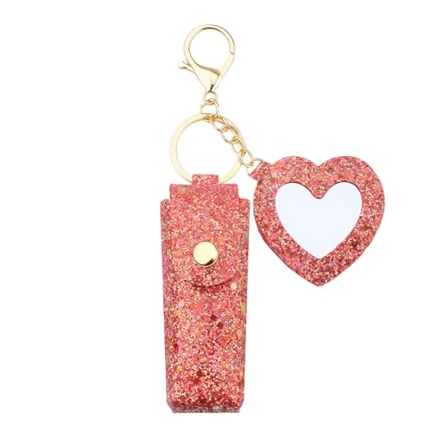Sisadodo Glitter Lip Oil Holder Key Chains for Woman Lipstick Case with Mirror Lip Balm Keychain for Lipstick Case Keychain - color: Red-heart