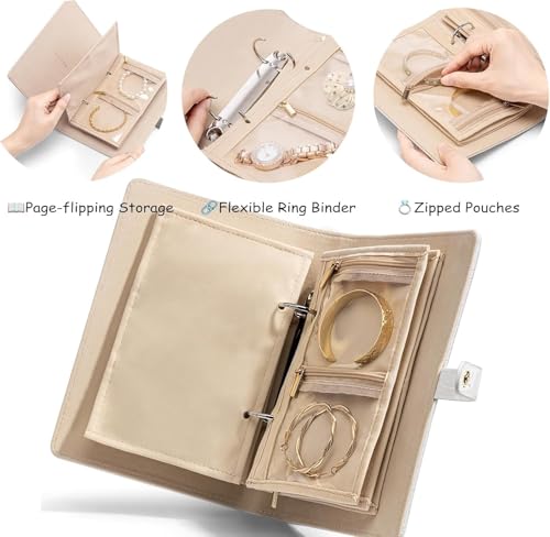 Faux Leather Jewelry Storage Case with 5 Detachable Pages, Tangle-Free Portable Jewelry Holder for Necklaces Rings Earrings Bracelets, Light-Sensitive Off-White - color: Light-sensitive off-white (with five-page cloth bag)