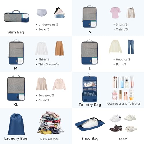 BAGAIL 4 Set/6 Set/8 Set Compression Packing Cubes Travel Accessories Expandable Packing Organizers(HalfMesh,8-Navy) - color: 8-Navy, style: Half Mesh