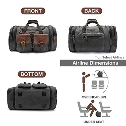 Wildroad 60L Travel Duffel Bag, Expandable Canvas Genuine Leather Duffle Bag Upgraded Overnight Weekender Bag Carry on Bag - color: Black, size: X Large-60L Duffle Bag