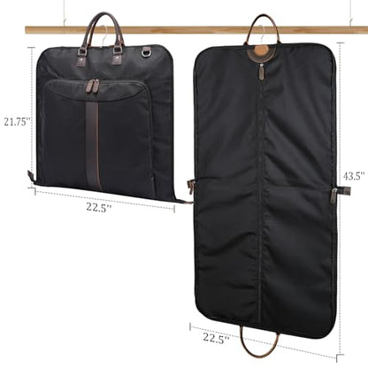 Polare Waxed Canvas Full Grain Leather Trim Garment Carry On Bag for Travel, Foldable Hanging Suitcase Weekender Dust-Proof Garment Waterproof Cover with YKK Zipper and Adjustable Strap (Black) - color: Black