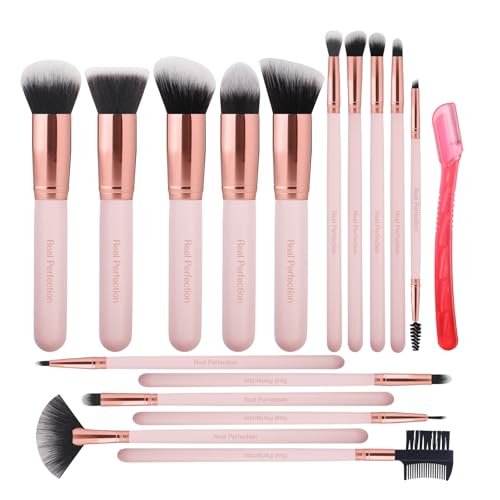 Real Perfection Makeup Brush Set 16 Pcs with 1 Eyebrow Razor Premium Synthetic Foundation Powder Concealers Eyeshadow Blush Makeup Brushes Make up Brushes Kit (Pink) - color: Pink