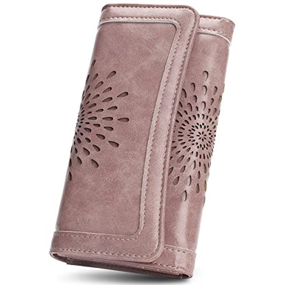 APHISON Womens Wallets RFID Blocking Leather Clutch Long Wallet for Women Card Holder Phone Organizer Ladies Travel Purse Hollow Out Sunflower Design Gift - color: dark-pink