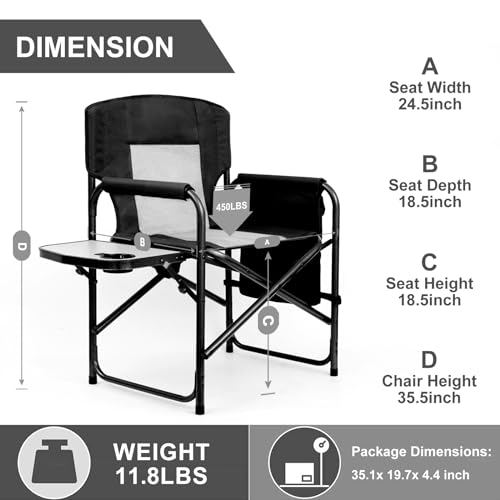 Yestomo Camping Chairs, Folding Chairs for Outside, Directors Chairs Foldable Adults Heavy Duty,Support to 450LBS - color: Black/Grey