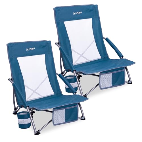 Low Folding Beach Chairs for Adults 2 Pack, Portable Lightweight Sling Beach Camping Chair with Cup Holder,Armrest,Foldable Camp Lawn Chair for Outdoor Sand Concert Travel Sport Events - color: Navy Blue-2set, size: Low Back