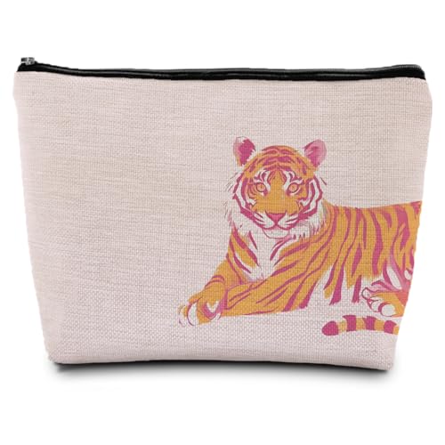 Preppy Tiger Makeup Bags, Pink Tiger Print Gifts Cosmetic Bags for Women, Small Trendy Aethetic Tigers Animal Lovers Gift Zipper Makeup Bag Pouches for Purse - color: PinkTiger