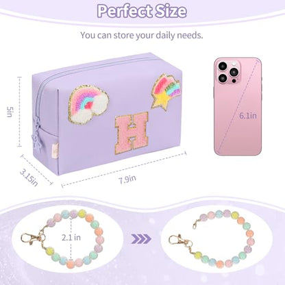 Initial Makeup Bag for Girls, Cute Makeup Bag Small Cosmetic Bag Travel Make Up Organizer Pouch, Birthday Gifts for Girls 4 5 6 7 8 9 10 11 12 13 14 15 Years Old, Teen Girls Gifts Trendy Stuff - color: Purple + Bracelet, style: H