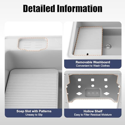 Utility Sink Laundry Tub with Washboard, Freestanding Plastic Laundry Sink with Cold & Hot Water Faucet, Indoor Outdoor Utility Sink for Laundry Room, Garage, Garden (25.6x21.65x31.5 Inch) - color: Gray, 25.6 x 21.7 x 31.5in