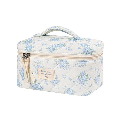 uekeboag Large Travel Quilted Makeup Bag for Women, Floral Cotton Cosmetic Bag, Coquette Aesthetic Floral Toiletry Organizer Bag - color: 06BlueRose