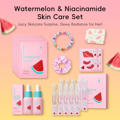 QUIYUM Pink Watermelon & Niacinamide Gift Set for Glow Skin -Hydrating, Firming, and Radiance-Boosting Skincare Set for Women & Girls | With Watermelon Extract B5, CICA, Hyaluronic Acid &Collagen - size: 15pc