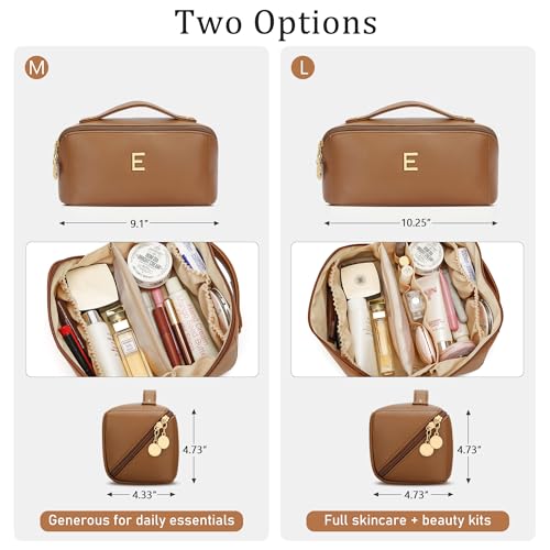 Initial Makeup Bag Gifts for Women Bridesmaid Gifts Travel Toiletry Personalized PU Leather Waterproof Cosmetic Bag (Medium-Brown-E) - color: MediumBrown, style: E