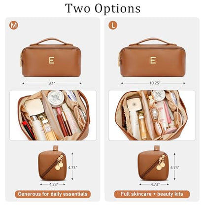Initial Makeup Bag Gifts for Women Bridesmaid Gifts Travel Toiletry Personalized PU Leather Waterproof Cosmetic Bag (Medium-Brown-E) - color: MediumBrown, style: E