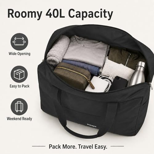Foldable Travel Duffle Bag with Trolley Sleeve 40L Capacity, Lightweight Packable Travel Duffel Bags with the Keyhole Zipper, Weekender Overnight Nylon Carry on Bag for Men & Women, Black - color: Black