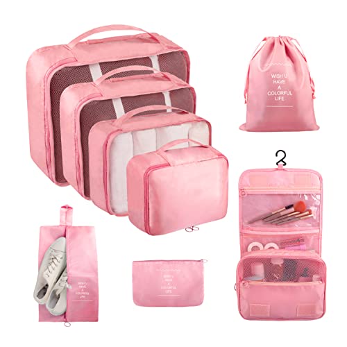 Packing Cubes, 8 Pcs Travel Packing Organizers for Suitcases, Large Capacity Travel Luggage Organizers Set includes 8 Storage Bags for Women or Men (Pink) - color: Pink