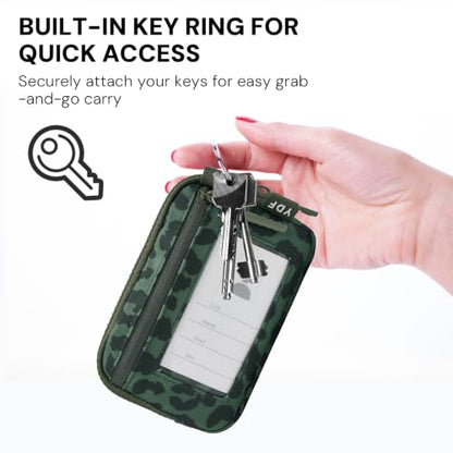 Small Nylon Wristlet Wallet for Women, Minimalist Zip Keychain Coin Purse Card Case with Clear ID Window, Water-Resistant Pouch - color: Sage Green Leopard