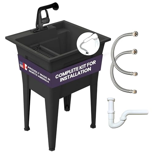 Freestanding Utility Sink with One Handle Black Faucet - 24" Plastic Utility Sink for Garage, Laundry, Indoor and Oudoor Use - Laundry Tub Kit by Noah William Home - Black (19.5 gal) - color: Black - One handle black faucet