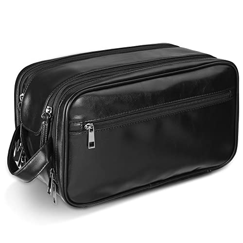 Personalized Leather Travel Toiletry Bag for Men, Large Travel Bathroom Shaving Dopp Kit, Large Cosmetic Bag Waterproof - color: Black