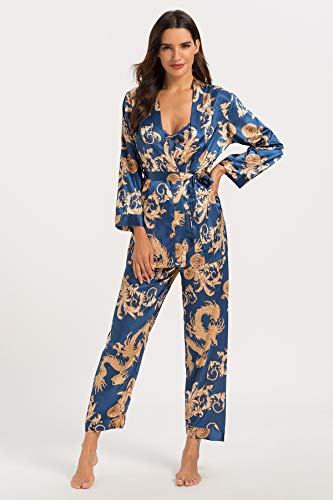 Escalier Women's Silk Satin Pajamas Set 3 Pcs Floral Silky Pj Sets Sleepwear Cami Nightwear with Robe and Pant - color: Navy, size: X-Large