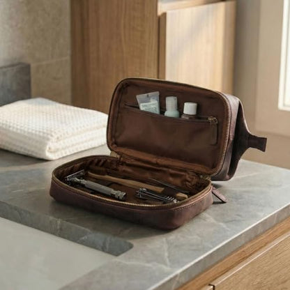 LEATHER VILLAGE Genuine Leather Dopp Kit – Large Travel Toiletry Bag with Waterproof Lining, Dual-Zip Design for Men & Women, Organizer for Shaving, Makeup & Essentials - Cherry - color: Cherry