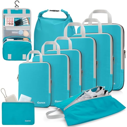 Gonex 10 Set Compression Packing Cubes, Expandable Storage Travel Bags for Suitcase, Luggage Organizers with Hanging Toiletry Bag Laundry Bag Shoe Bag Accessories Bag (Blue) - color: 10-Blue, size: 10 Set