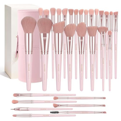 MAANGE 30 Pcs Professional Makeup Brush Set with Travel Case – Kabuki, Foundation, Powder, Blush,Blending& Eyeshadow Brushes, Labeled for Gift-Ready Box,PinkGold - color: PinkGold