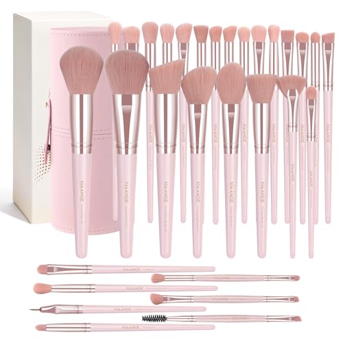 MAANGE 30 Pcs Professional Makeup Brush Set with Travel Case – Kabuki, Foundation, Powder, Blush,Blending& Eyeshadow Brushes, Labeled for Gift-Ready Box,PinkGold - color: PinkGold