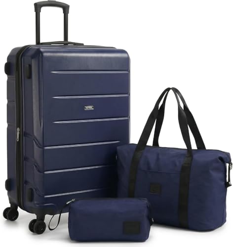 Hoteel Luggage Sets 3 Piece, 4-Yr Warranty, PC+ABS Suitcases with Wheels and Side Hook, Hardshell 20 inch Luggage with Duffel Bag Travel Bag, Dark Blue - color: Dark Blue, size: 3 Piece Set (20/DB/TB)