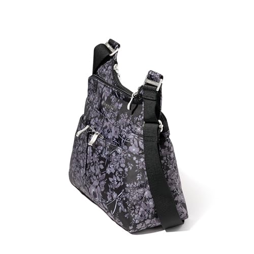 Baggallini Crossbody Travel Bag 11x8.5 Lightweight Water-resistant Nylon Handbag - color: Black Hydrangea