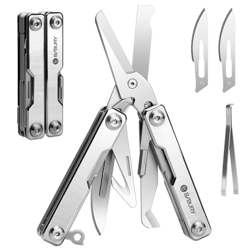 BIBURY Mini Multitool BI2052A, 8 in 1 Keychain EDC Scissors w/Window Breaker, Seat Belt Cutter, Bottle Opener for Outdoor Survival, Multi Tool Cool Gadget TSA Approved, Gift for Men Women - color: Silver, size: Scissors