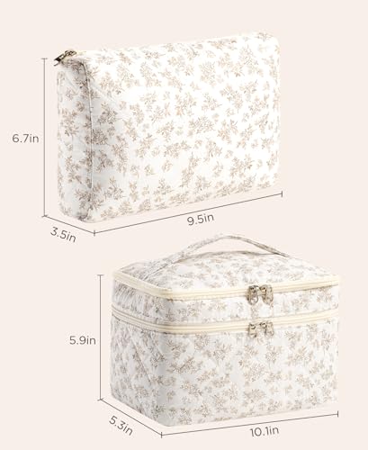 HBselect 2Pcs Travel Makeup Bag, Large Cotton Quilted Makeup Bag Cosmetic Bag Cute Make up Bag Toiletry Bags for Women Girls - color: 2PCS-Quilted Makeup Bag 1