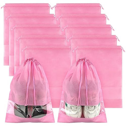 Large Pink Travel Shoe Bags - 10 Pcs, Non-Woven Drawstring with Clear Window (12.6" X 17.3") - color: Pink, style: 10 Pack