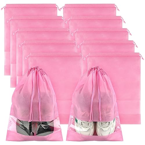 Large Pink Travel Shoe Bags - 10 Pcs, Non-Woven Drawstring with Clear Window (12.6" X 17.3") - color: Pink, style: 10 Pack