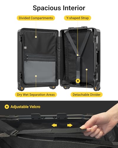 LEVEL8 Zipperless Checked Luggage with Aluminum Frame, Upgraded Medium Hardside Suitcase with Spinner Wheels, Metal Travel Luggage with Double Tsa Locks, 24 Inch, Black - color: Black, size: Checked 24 Inch (Upgraded)