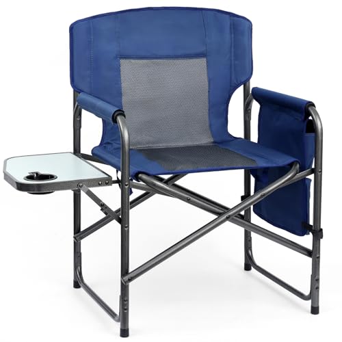 Yestomo Directors Chair, Camping Chairs for Adults, Heavy Duty Side Table, Lawn Chairs with Side Pockets Carry Straps - color: Dark Blue/Grey