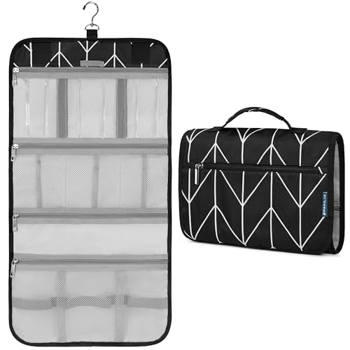 PAVILIA Hanging Toiletry Bag for Women Men, Large Foldable Toiletries Organizer with Hook, Water-Resistant Makeup Cosmetic Rollup Case, Clear Pockets for Bathroom, Gym, Cruise (Black Chevron) - color: Black Chevron