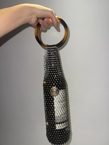 Munyee Hua Rhinestone Mesh Wine Bag Champagne Bottle Tote with Handle Reusable Gift Pouch Crystal Carrier Sparkly Bling Wedding Party Bridesmaid Gift Housewarming Holiday(Brown Handle Black Mesh) - color: Brown Handle Black Mesh