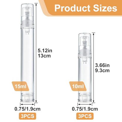 6pcs Airless Travel Pump Bottle, Empty Refillable Vacuum Pump Bottle, 10ml 15ml Plastic Press Lotion Travel Container for DIY Cosmetic Foundation Toiletries- Clear - color: Clear-6pcs-10,15ml