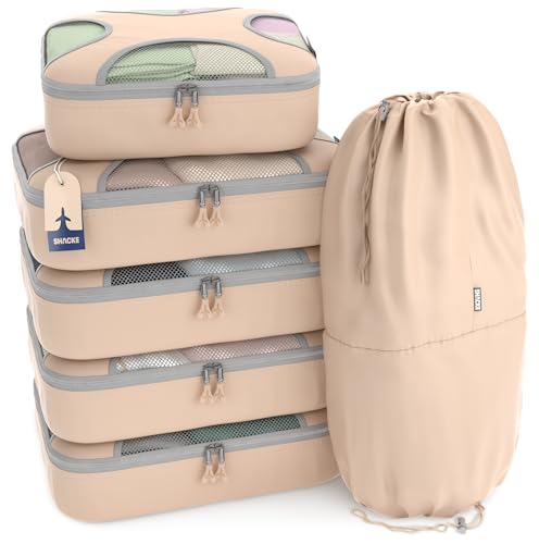 Shacke Packing Cubes for Travel 6 Set - Premium Luggage Organizer Bags - Versatile Travel Organizer for Women and Men - Optimized Packing Bags - Travel Essentials - color: Nude Biege