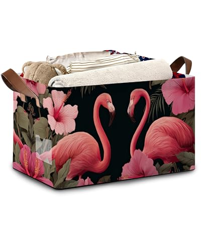 Flamingo Storage Basket,Hibiscus Collapsible Storage Bin Cubes for Living Room Bedroom Blankets Home Storage 17x11.5x10Inch - color: Flamingo Hibiscus