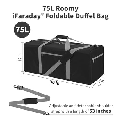 iFARADAY Foldable Duffel Bag 30 inch 75L Large Lightweight Luggage for Travel Camping Storage-Black - color: Black-75L(with shoulder strap)