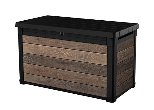 Keter Walnut 100 Gallon Resin Deck Box-Organization and Storage for Patio Furniture Outdoor Cushions, Throw Pillows, Garden Tools and Pool Toys - color: Walnut, size: 100 Gallon