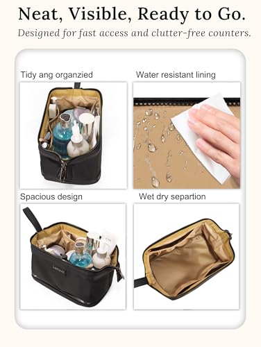 Double-Layer Toiletry Bag, Water-Resistant Hybrid Leather Cosmetic Organizer with Wet/Dry Compartments, 26x15x16cm (Black, Double layer) - color: Black