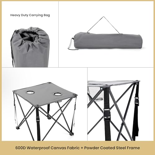 ARROWHEAD OUTDOOR 26” (66cm) Portable Camping Folding Table, 2 Cup Holders, Square, Carrying Case, Steel Frame, High-Grade 600D Canvas - color: Gray 2pack