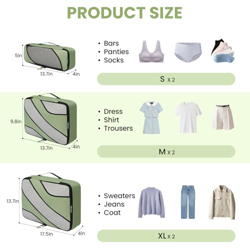 BAGAIL 6 Set Packing Cubes,Travel Luggage Packing Organizers - color: The Matcha Green, style: 6 Set