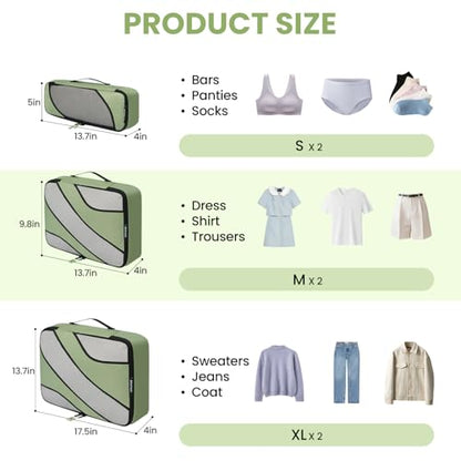 BAGAIL 6 Set Packing Cubes,Travel Luggage Packing Organizers - color: The Matcha Green, style: 6 Set