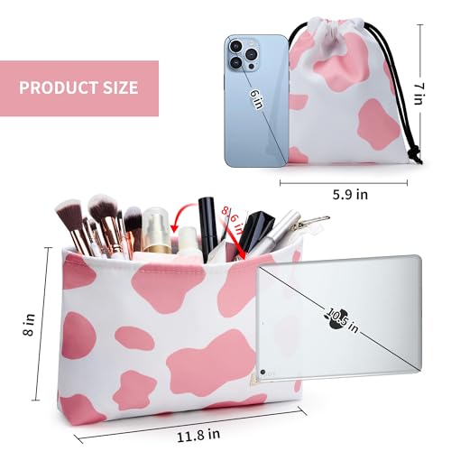 WLLWOO WLLWOO 2pcs Travel Make Up Bags-Cosmetic Bag Nylon Waterproof Large Wide Zipper Coin Purse Travel Toiletry Small Makeup Pouch For Women - color: Pink Cow