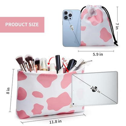 WLLWOO WLLWOO 2pcs Travel Make Up Bags-Cosmetic Bag Nylon Waterproof Large Wide Zipper Coin Purse Travel Toiletry Small Makeup Pouch For Women - color: Pink Cow