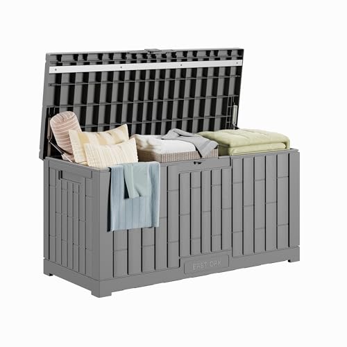 EAST OAK Outdoor Storage Box, 80 Gallon Deck Box, Waterproof Resin Storage Bin for Patio Cushions, Gardening Tools, Lockable, UV Resistant, Grey - color: Grey, size: 80 Gallon