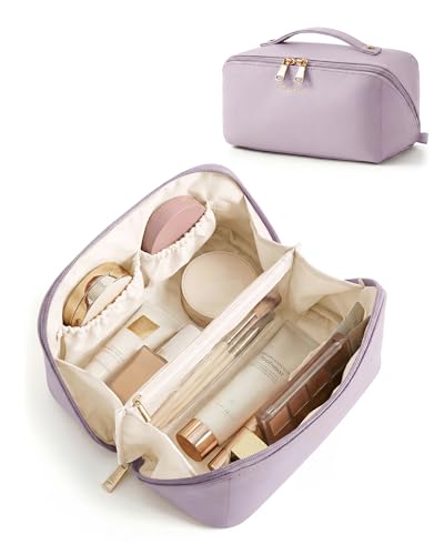 BAGSMART Makeup Bag Travel Cosmetic Bag, Large Make Up Bag Flat Open Toiletry Bag for Women, PU Leather Travel Essentials Organizer Case, Wide-open Pouch Purse for Skincare, Brushes, Blush Purple - color: 11- Blush Purple
